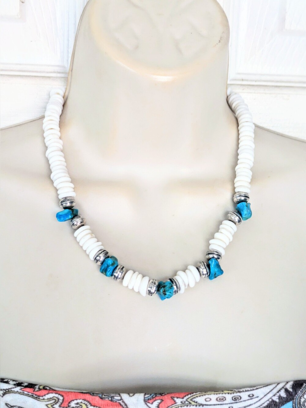 Vintage HAWAIIAN Sterling Silver Turquoise & Puka Shell Chunky SURFER Necklace
